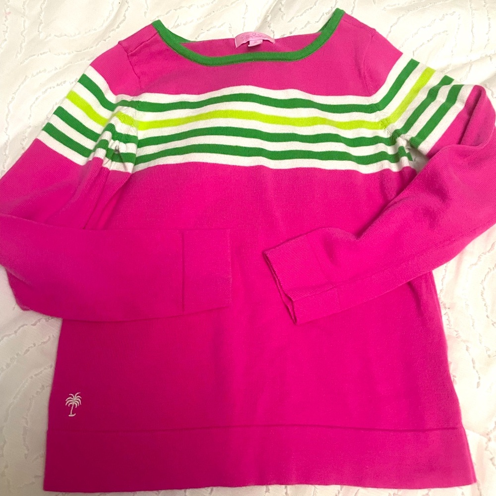 Lilly Pulitzer sweater top pink lime green stripe fuchsia preppy shirt 12 14 XL